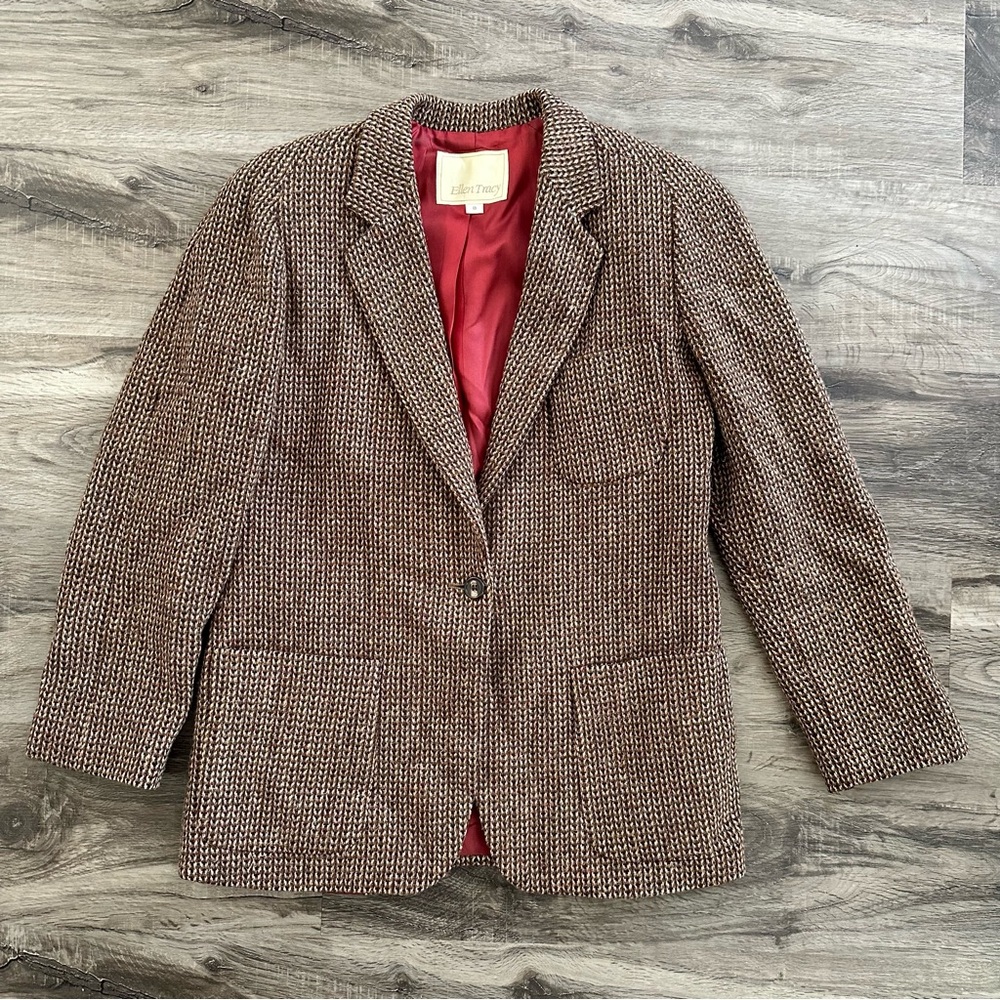 VINTAGE ELLEN TRACY Brown Tweed Blazer with Red Lining